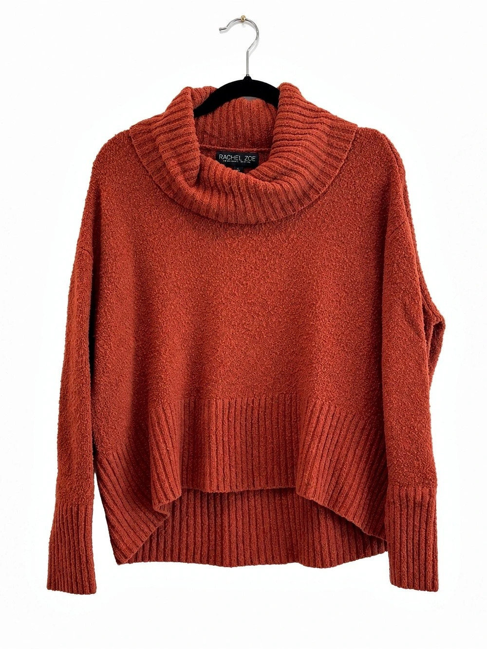 Rachel Zoe Merino Wool Blend Cowl Neck High Low Sweater Rust Orange M